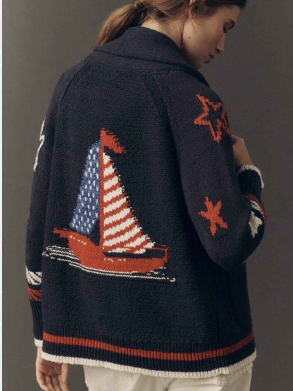 Anthropologie Maeve Sailboat Cardigan Sweater Nautical Boat XS NWT Patriotic USA